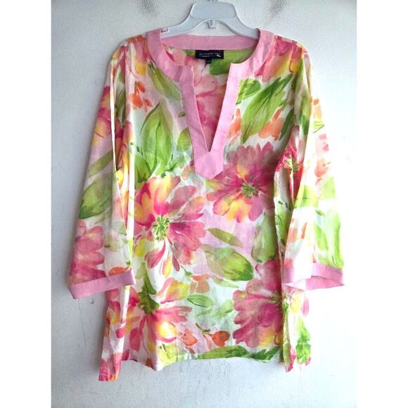 Jones New York Women Pink w/Multicolor Floral V-Neck Boxy Blouse size 1X - Picture 1 of 7
